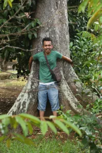 Pemuda memeluk batang pohon induk durian Perwira