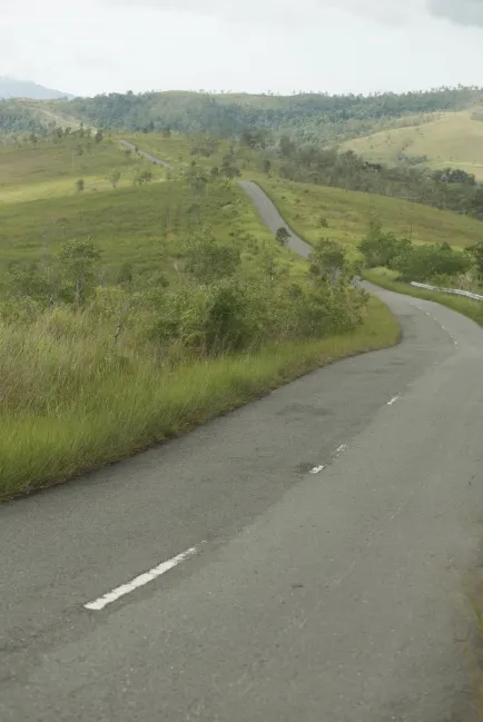 Jalan aspal berkelok membelah sabana di Seram Barat