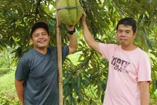 Dua pria berpose di samping durian montong yang menggantung
