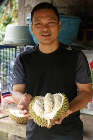 Pria memegang durian Bali berdaging putih